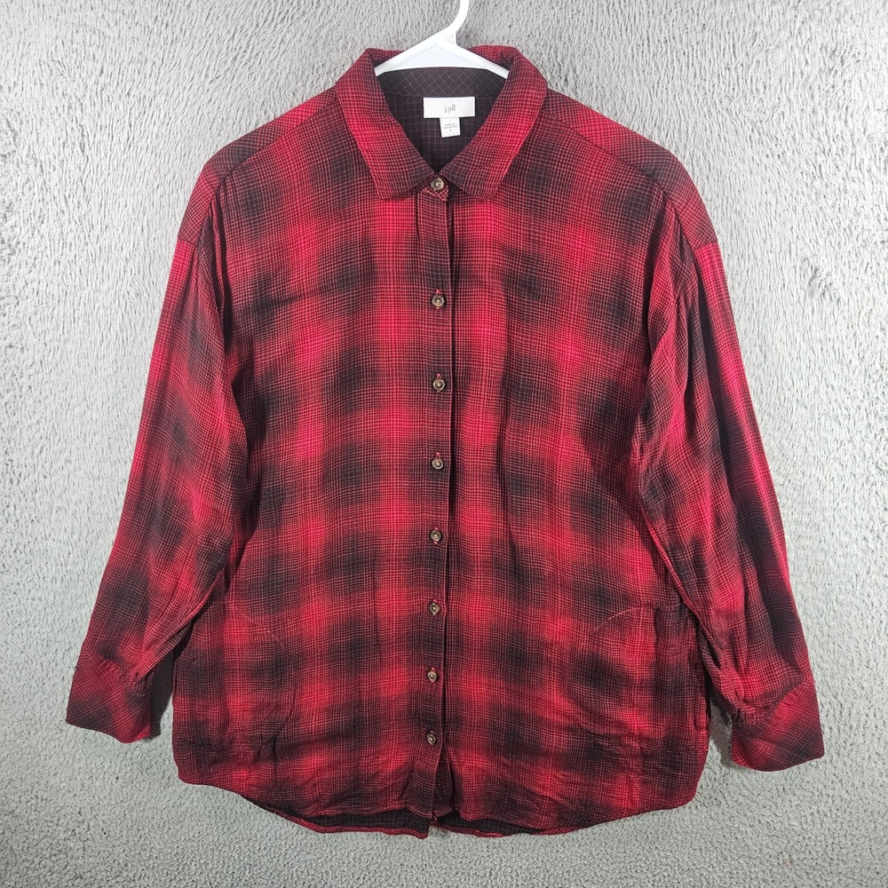 J. Jill Womens Red Black Plaid Ombre Rayon Button Down Shirt Blouse Pockets S